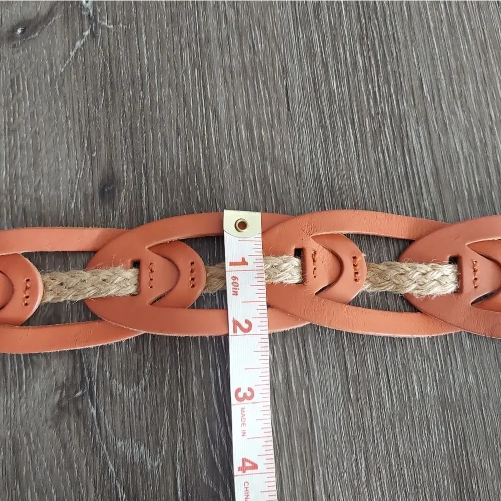Linea Pelle Leather Link Jute Hip Sling Belt Sz S Orange Cream Ring Buckle Boho